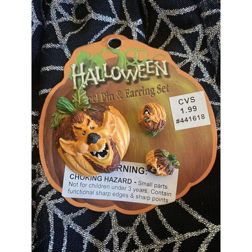 Vintage CVS Scary Pumpkins Halloween Lapel Pin & Earrings Fall Whimsical Patch ￼